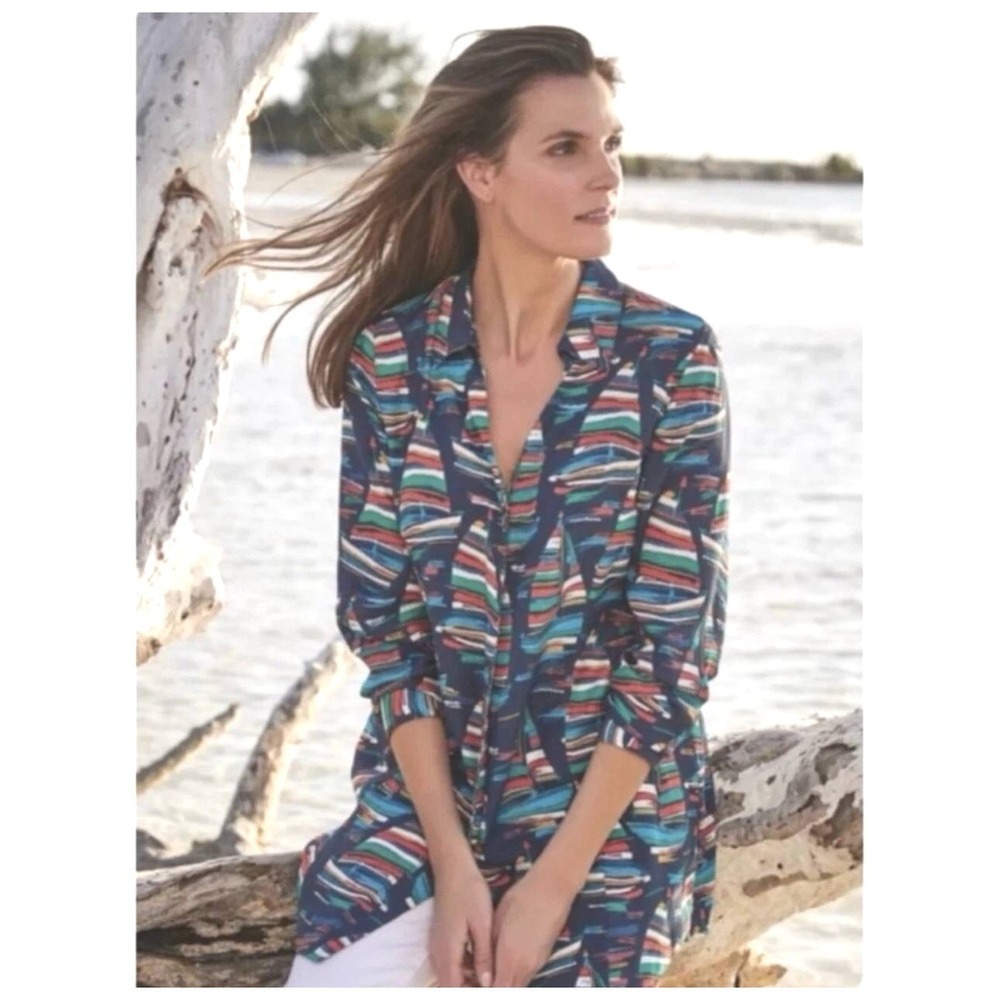 Soft Surroundings Button Front Tunic Multicolor Sailboat V Neck‎ Womens Medium